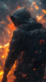 Hooded wanderer strides through blazing rain and embers