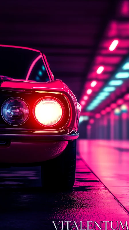 Classic sports car in neon lit tunnel at night.