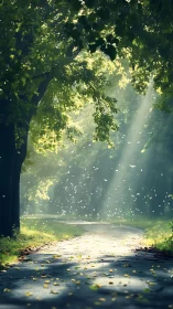 Sunlit forest path with volumetric light rays and floating particles