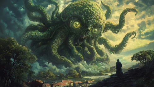 Colossal mossy cephalopod drifts over a trembling valley town