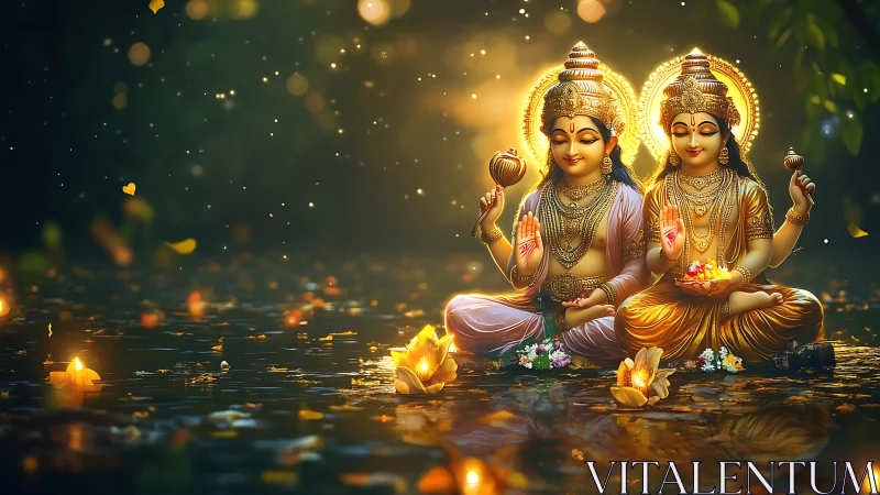 Twin divine figures glow over riverlight in festive night