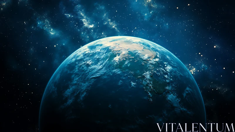 Gentle blue planet glowing softly in a starry cosmic embrace.