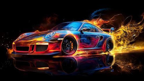 Neon sports car wrapped in dynamic blue and orange fire trails.