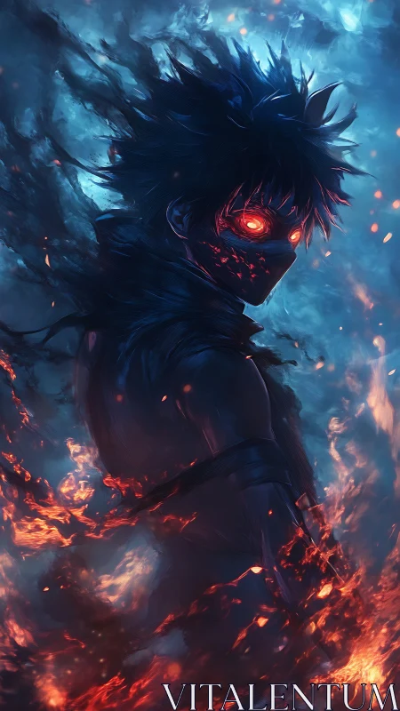 Masked fire-eyed warrior in blue infernal atmosphere.