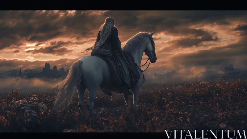 Lone rider on white horse surveys a stormlit fantasy plain.