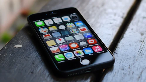 iPhone Display Showing Installed Applications on Wooden Surface