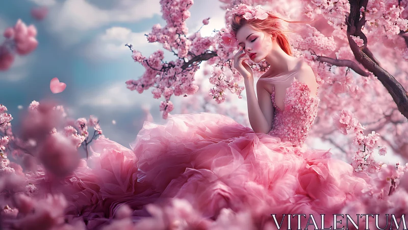Dreamy woman in pink gown drifts among blossoming sakura