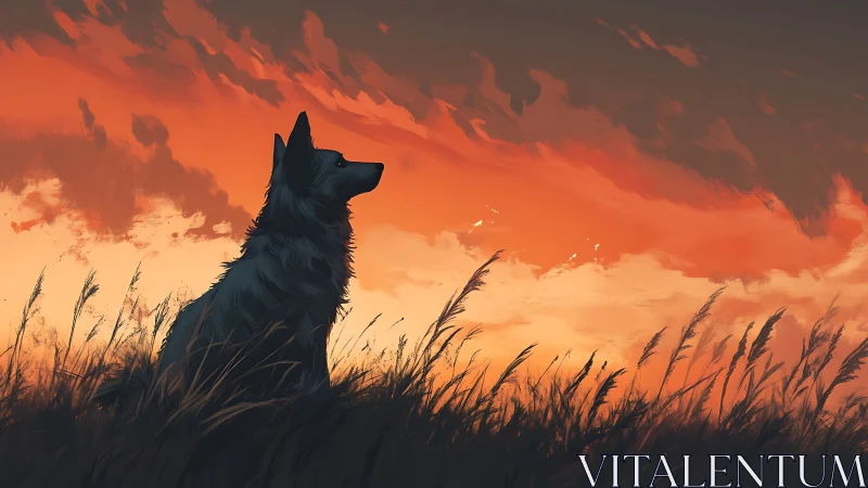 Silhouetted dog watching blazing orange sunset sky.