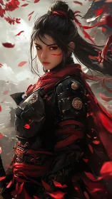 Scarlet petal ronin in stormlit black armor stands unbroken.