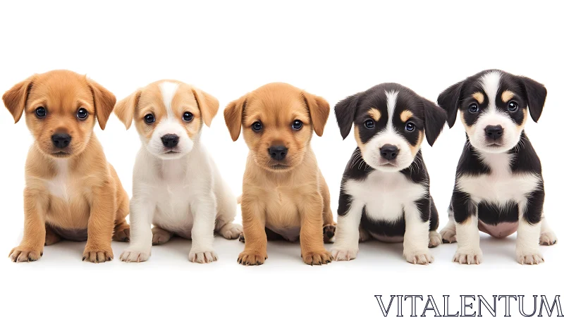 Row of mixed breed puppies sitting against white background.