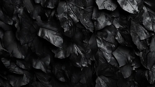 Overlapping black leaves forming dense monochrome surface.