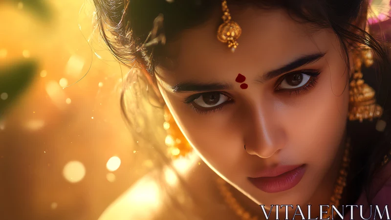 Intense gaze of adorned woman in glowing golden bokeh light.