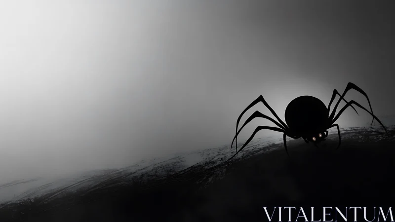 Silhouetted spider on curved terrain in grayscale foggy space.