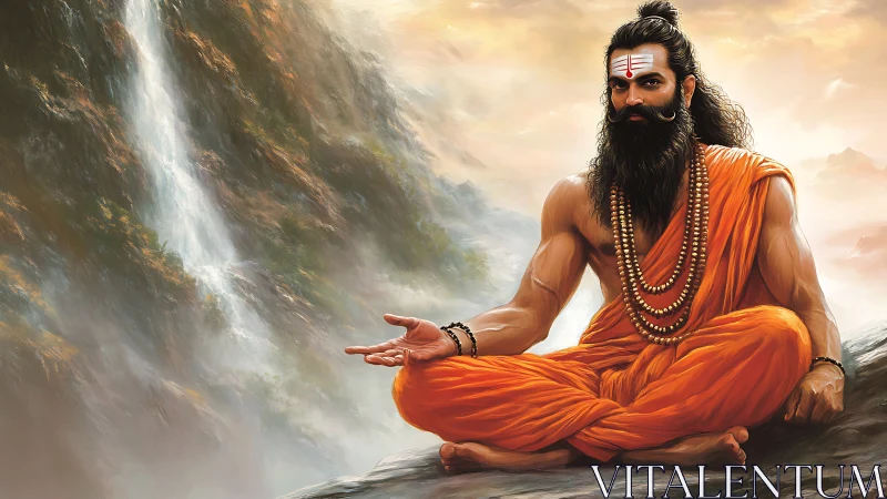 Mountain sage in saffron robes greeting the roaring waterfall.