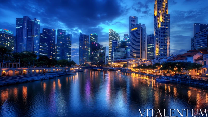 Singapore riverfront skyline glows under deep blue dusk.