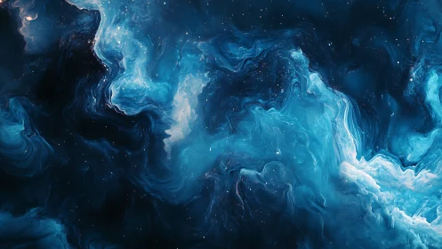 Deep blue cosmic nebula with swirling glowing clouds.