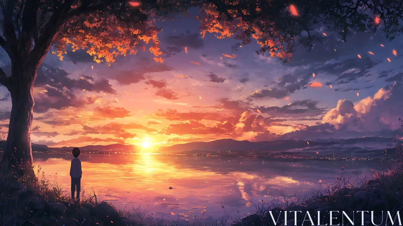 Boy watching vivid sunset over calm reflective lake.