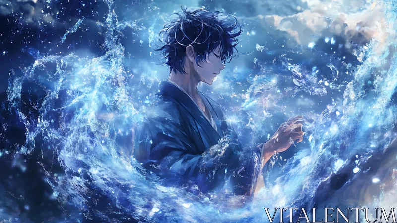 Male mage controls luminous aqueous vortex with cinematic lighting