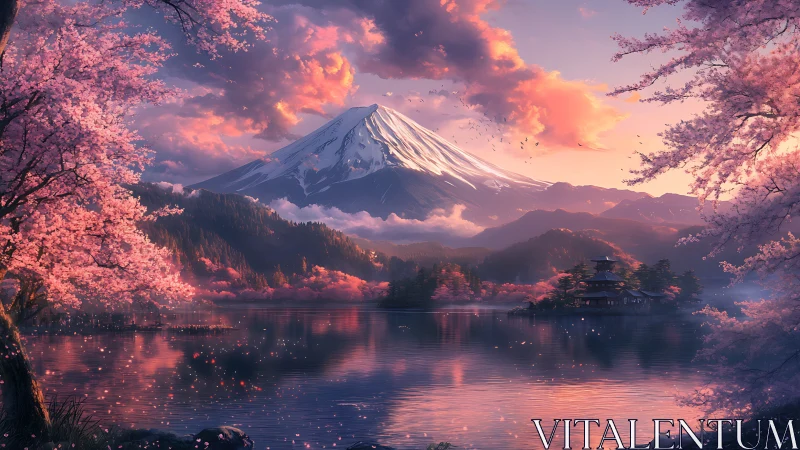Snowcapped mountain rises over cherry blossoms at sunset lake