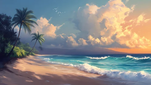 Golden clouds drift above a tranquil tropical shoreline at dusk