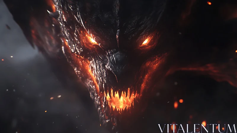 Demonic lava creature head with burning eyes emerging.