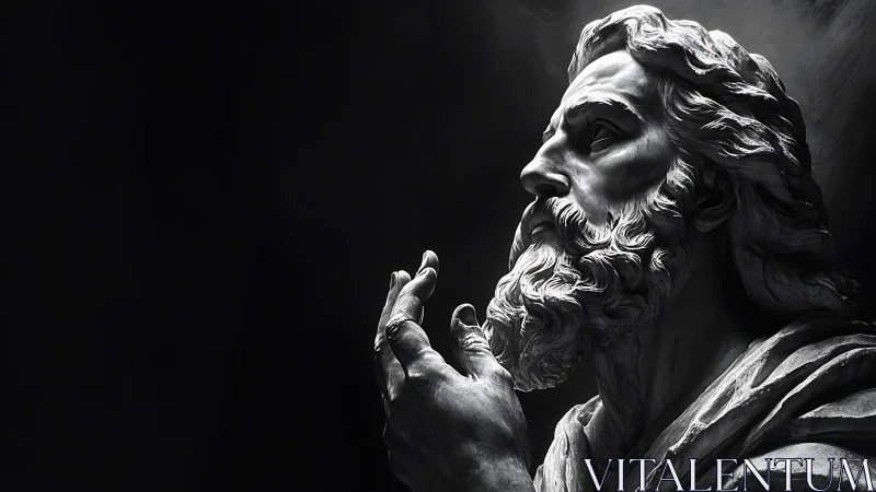 Monochrome profile of bearded classical stone statue figure.