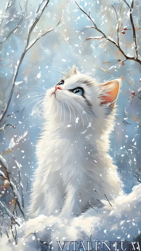 White Kitten in Winter Forest Setting Among Frosted Branches