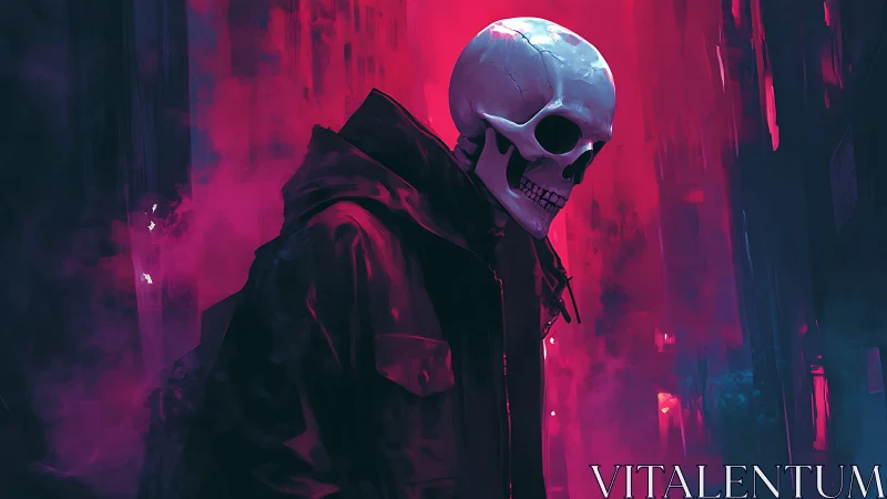 Neon backlit skull figure in hooded jacket amid magenta vapor