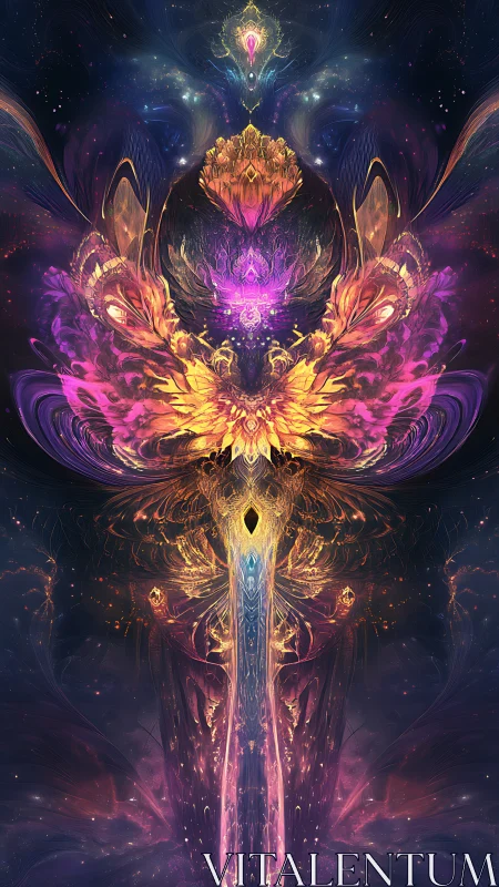 Fractal celestial phoenix forms radiant cosmic mandala