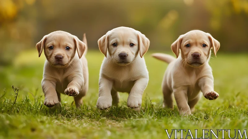 Three synchronized Labrador puppies running across grass in focus