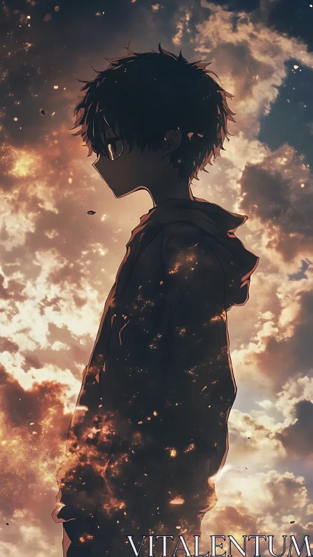 Silhouetted anime boy dissolves into glowing sunset sky.
