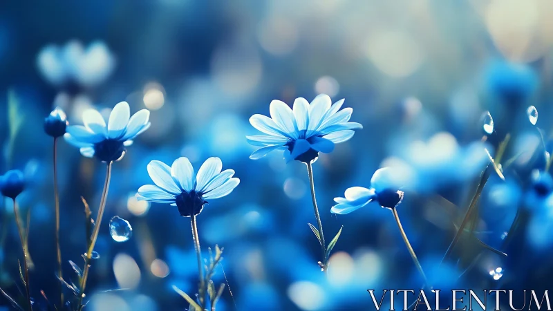 Blue Daisies with Bokeh: Photorealistic Depth-of-Field Study.