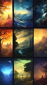 Seasonal fantasy landscapes unfold in a luminous vertical mosaic.