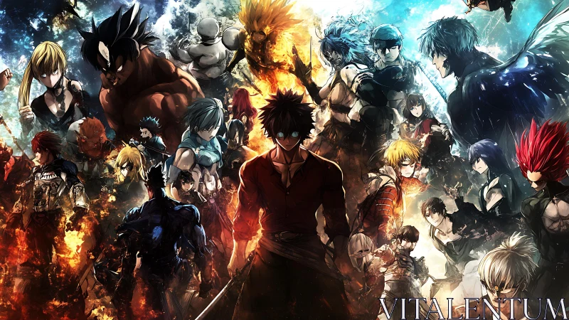 Group of anime warriors gather in fiery and icy battlefield