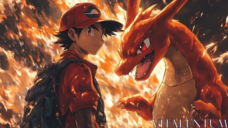 Pokemon trainer with Charizard amid intense firestorm.