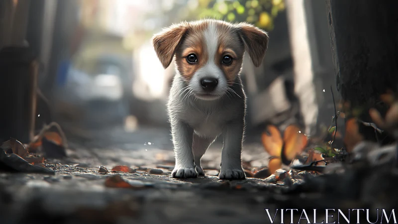 Small curious puppy explores a quiet sunlit alleyway