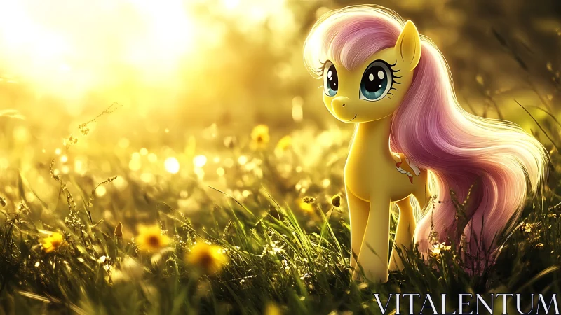 Sunlit pony friend explores a dreamy golden meadow