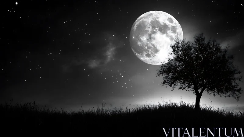 Full moon illuminates lone tree on starlit hillside night.