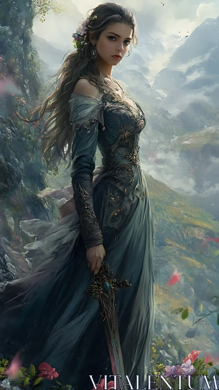 Warrior princess stands amid misty mountains, blade ready.