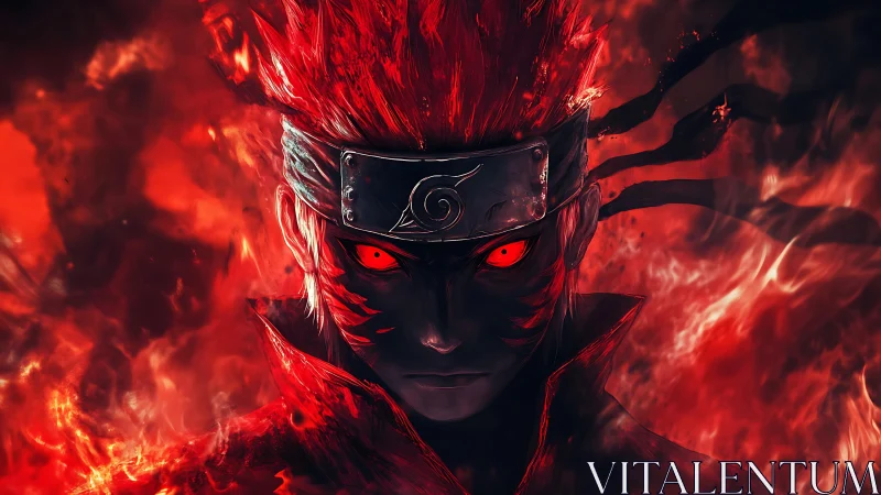 Intense red-eyed shinobi portrait rendered in high-contrast anime fire