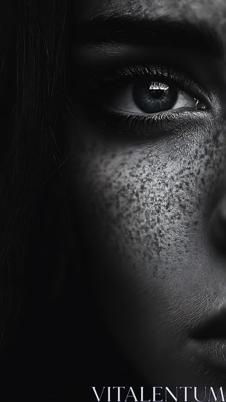 Freckled eye in dramatic shadow captures quiet intensity.