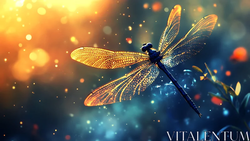 Luminous dragonfly in bokeh-lit twilight fantasy sky.