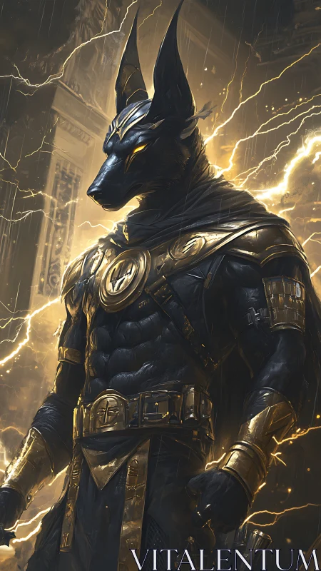 Anthropomorphic jackal warrior in ornate armor amid lightning.