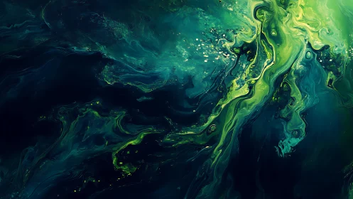 Green and blue abstract fluid waves in dark swirling motion.