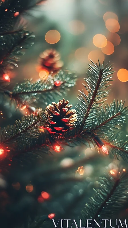 Pinecone ornament on evergreen branch with blurred lights.
