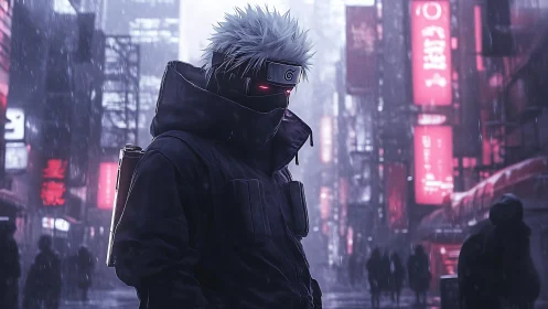 Masked cyber ninja stalks neon city streets in cold rain
