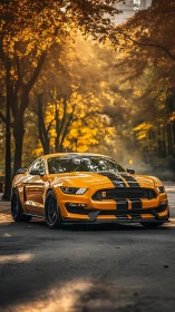 Golden muscle car anchors a sunlit, cinematic autumn boulevard