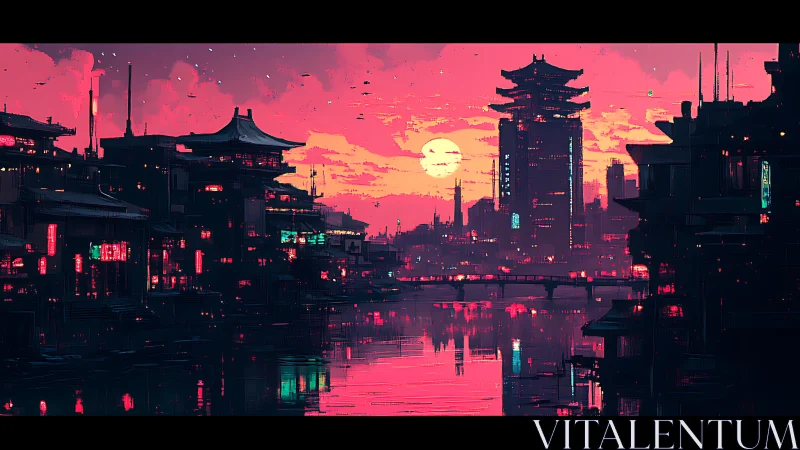 Neon riverside skyline glows beneath a cyberpunk sunset.