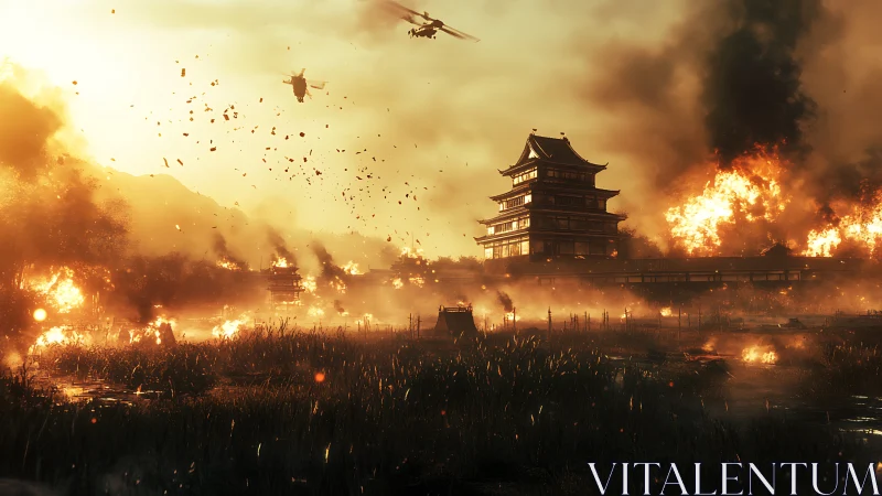 Sunset siege engulfs a lone pagoda in roaring firestorm.