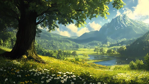 Sunlit valley drifts into a storybook of mountains and bloom